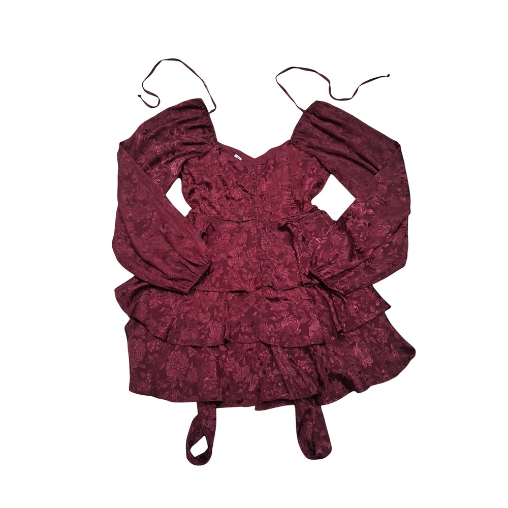 Altar'd State Burgundy Floral Jacquard Tiered Ruffle Mini Dress Medium